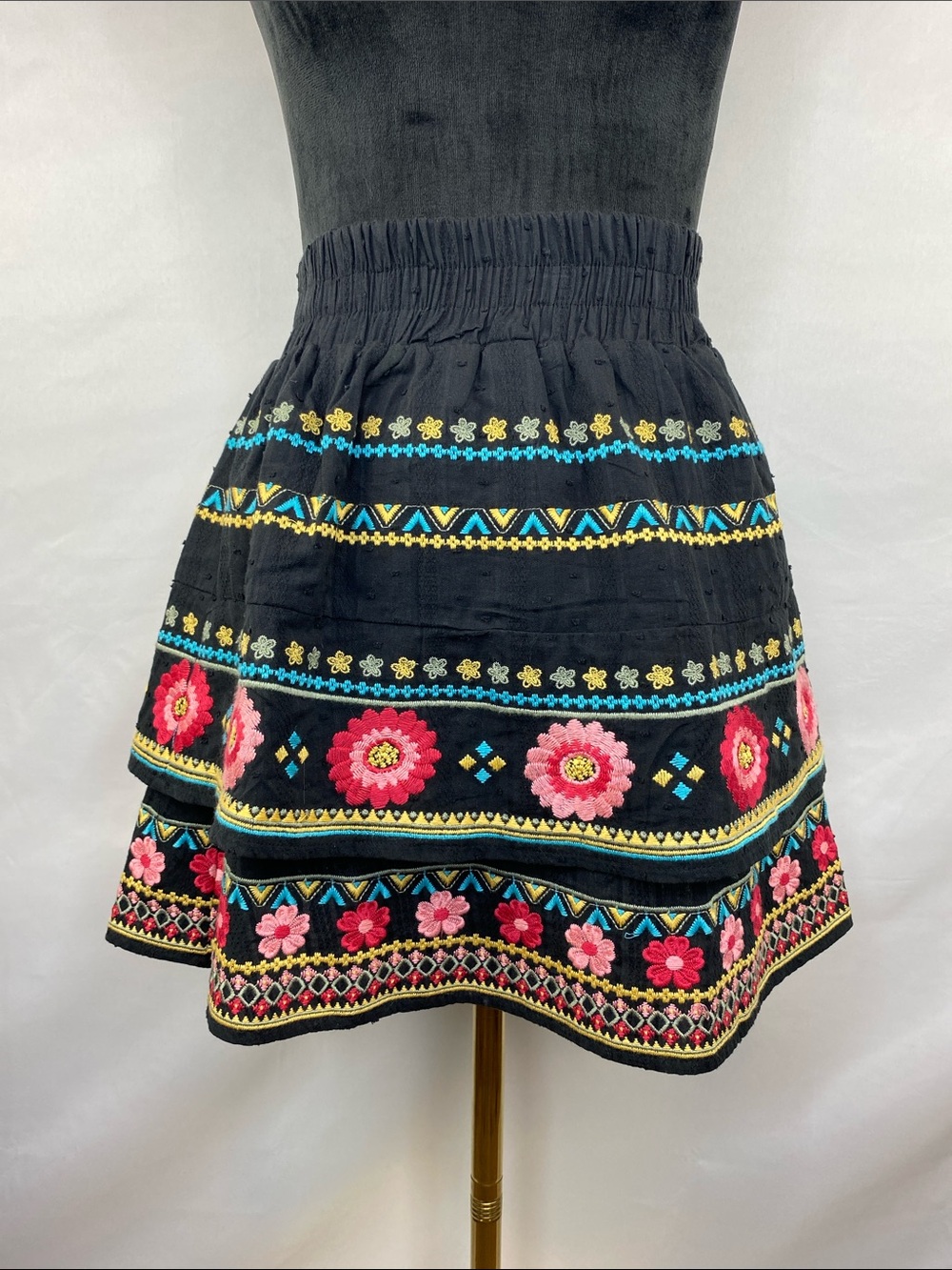 Savanna Jane Boho Embroidered Floral Layered A-Line Mini Skirt Size Small